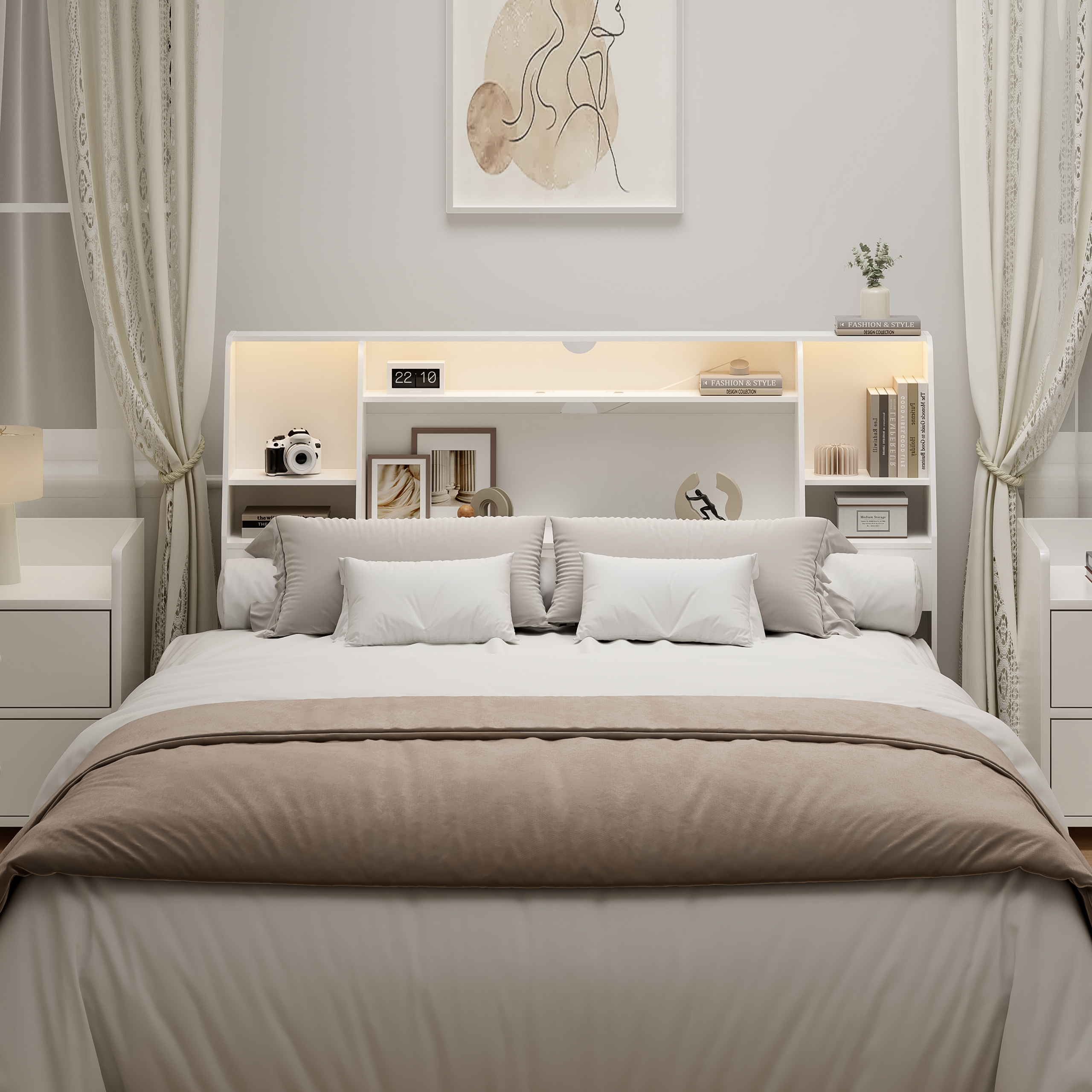 Bookcase Headboard with LED Li – Bookcase Wood Shelf recenzja i cena