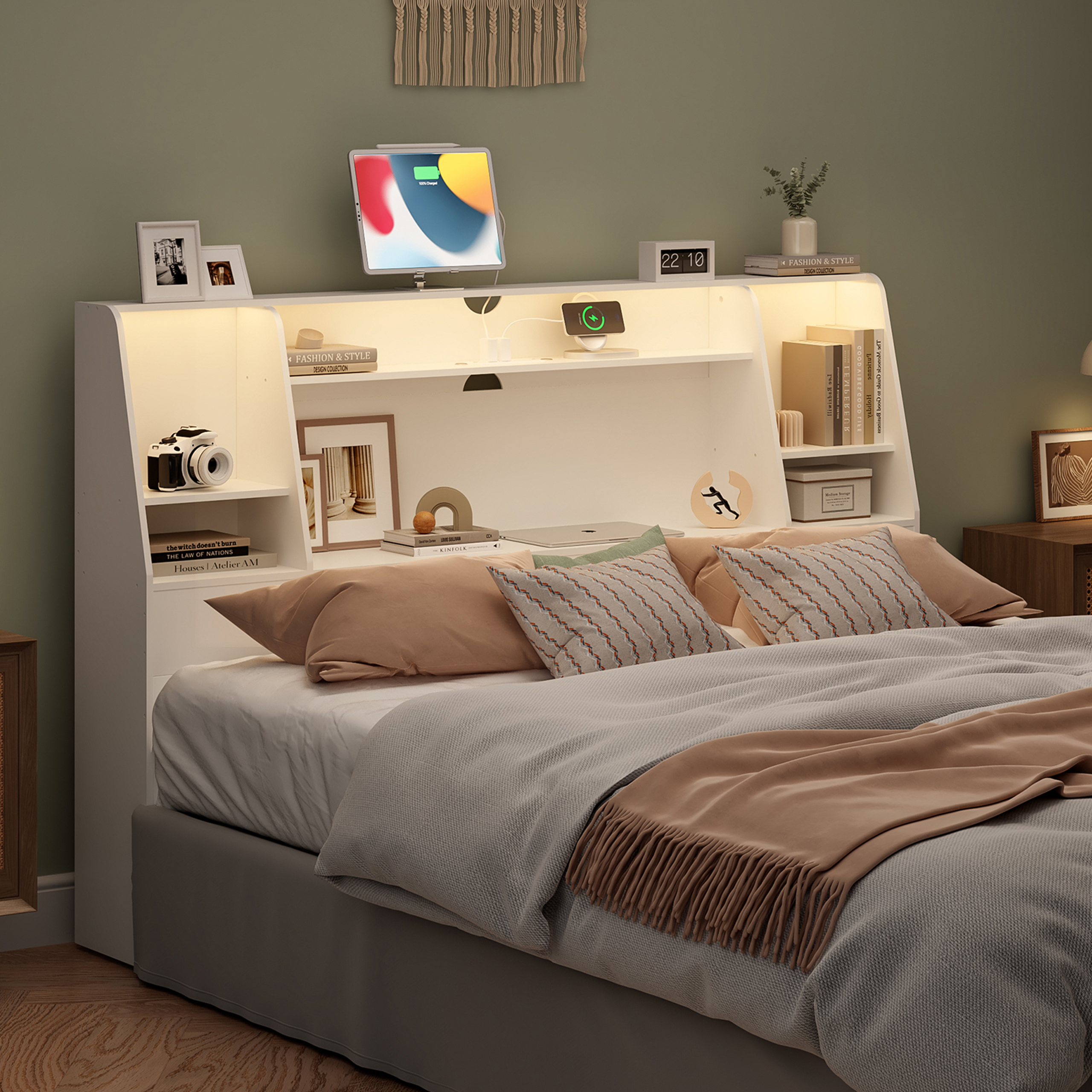 Bookcase Headboard with LED Li – Bookcase Wood Shelf recenzja i cena